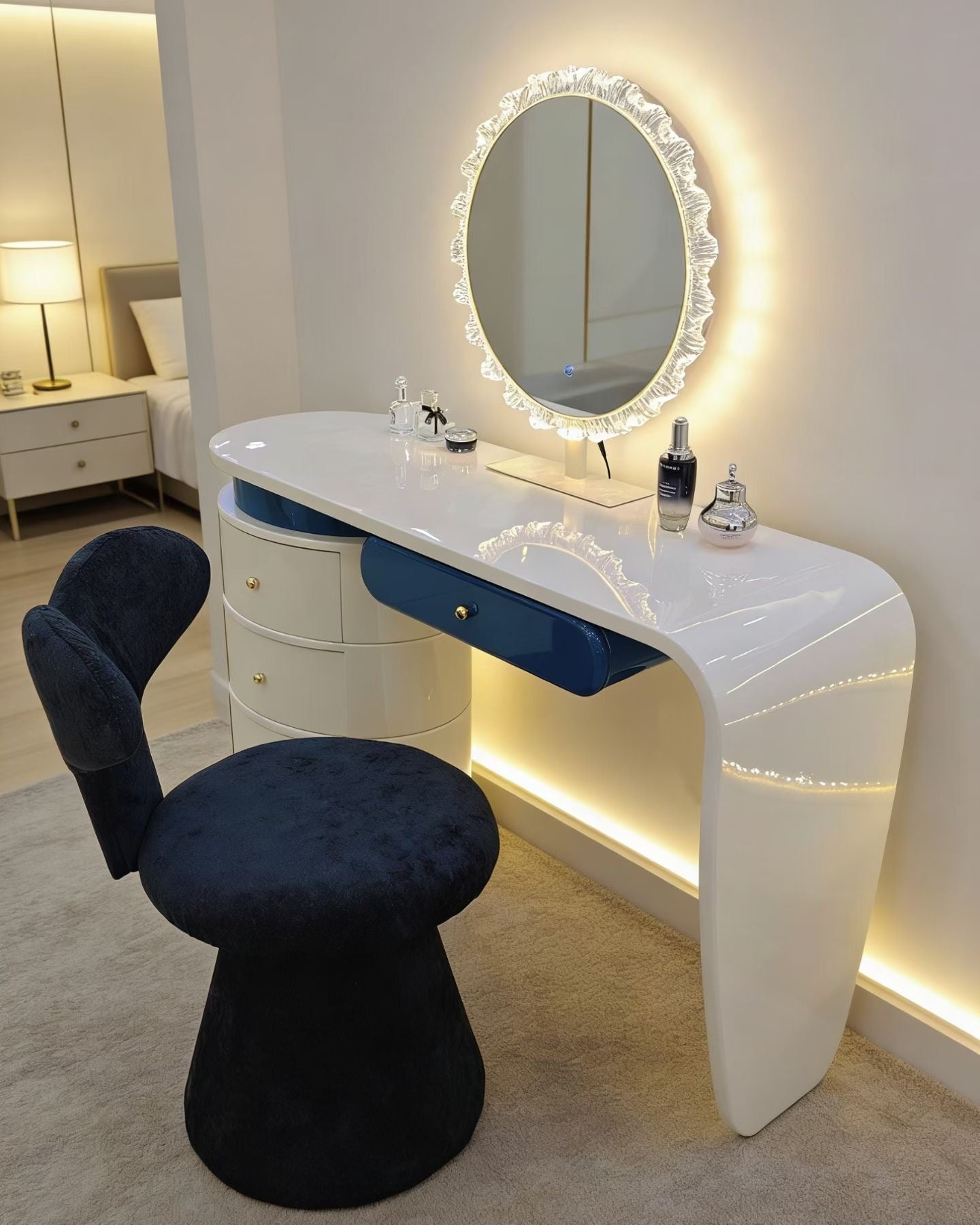 Coiffeuse Design LED Ovale – Blanc & Bleu Marine