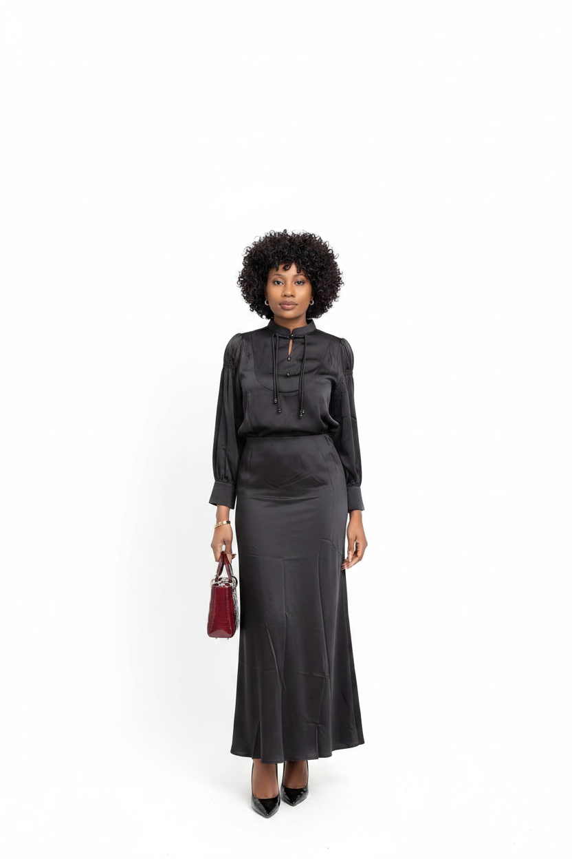 Ensemble noir satiné fond blanc avec mannequin