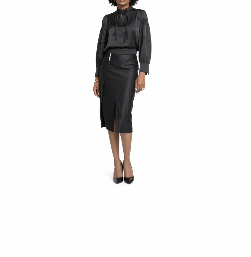 Ensemble noir satiné sans ceinture - mannequin fond blanc