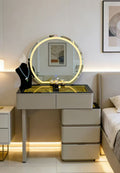 Coiffeuse LED Ronde – Style Moderne Beige & Or