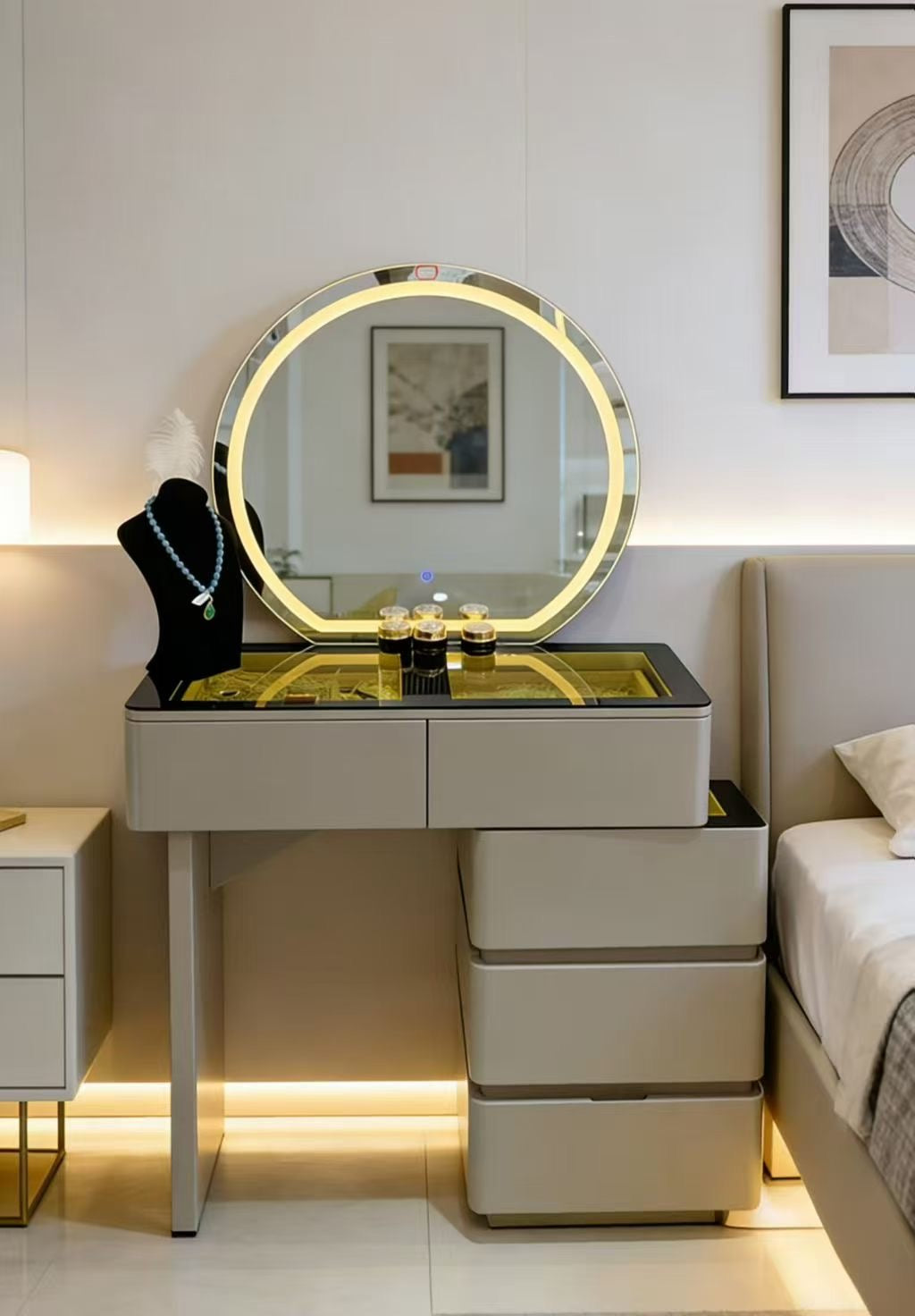 Coiffeuse LED Ronde – Style Moderne Beige & Or