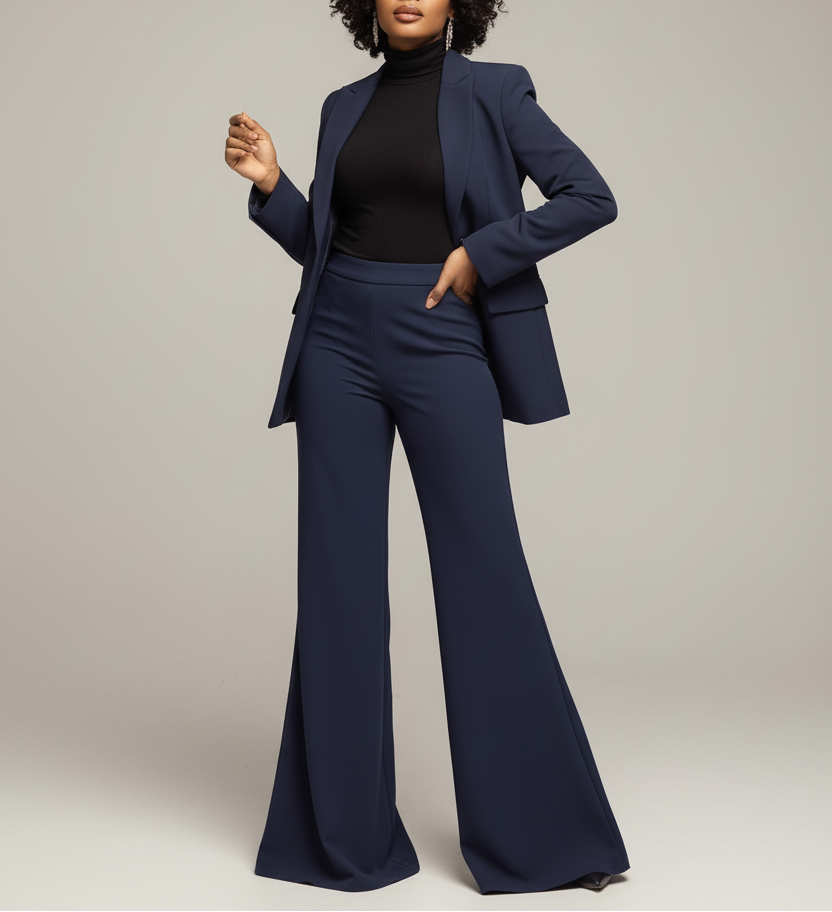 Pantalon évasé - col roulé + veste - pose élégante