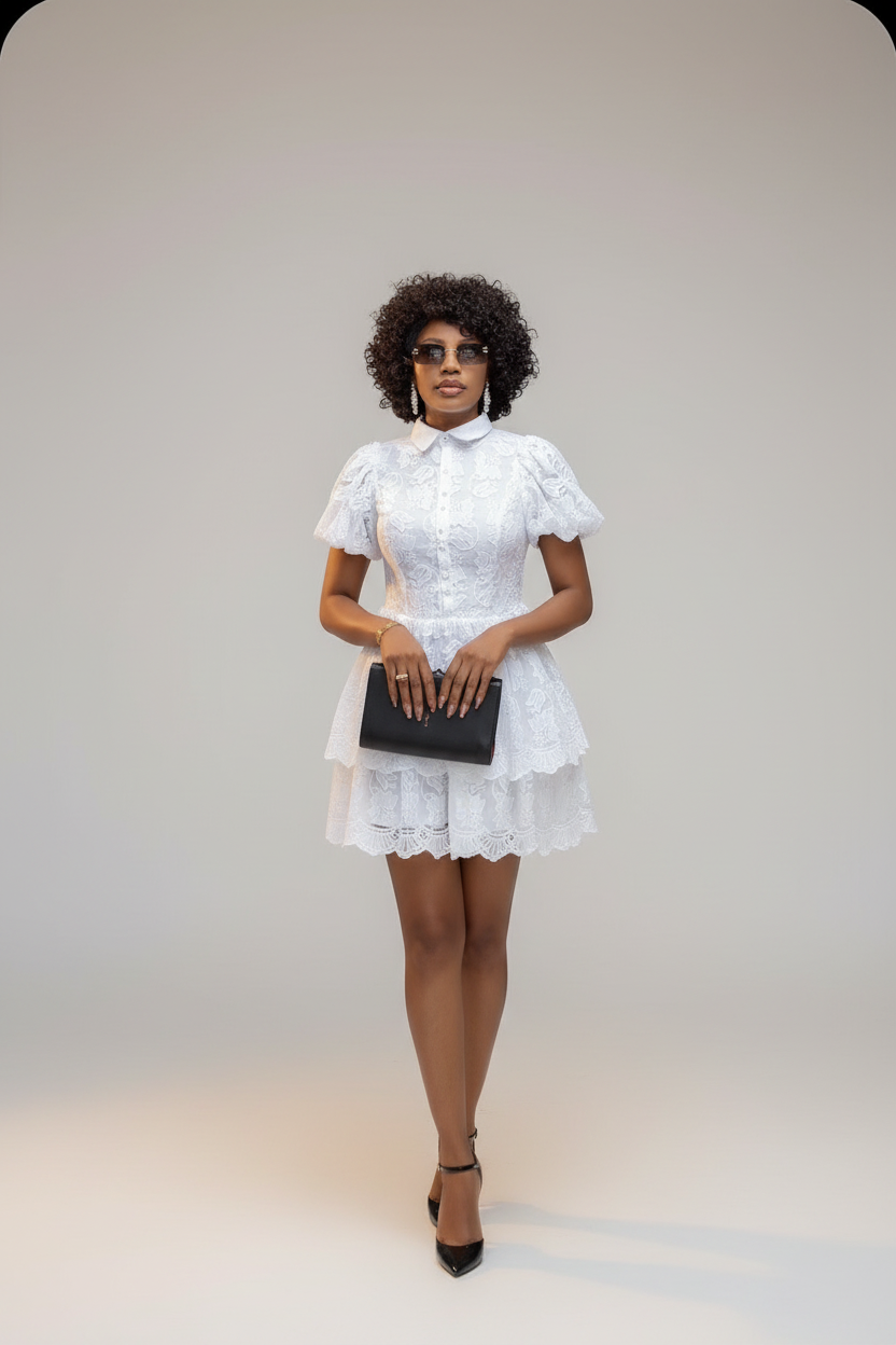 Robe blanche dentelle - fond gris
