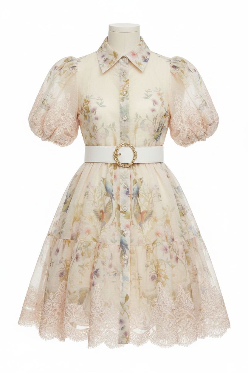Robe crème ceinture originale blanche dorée