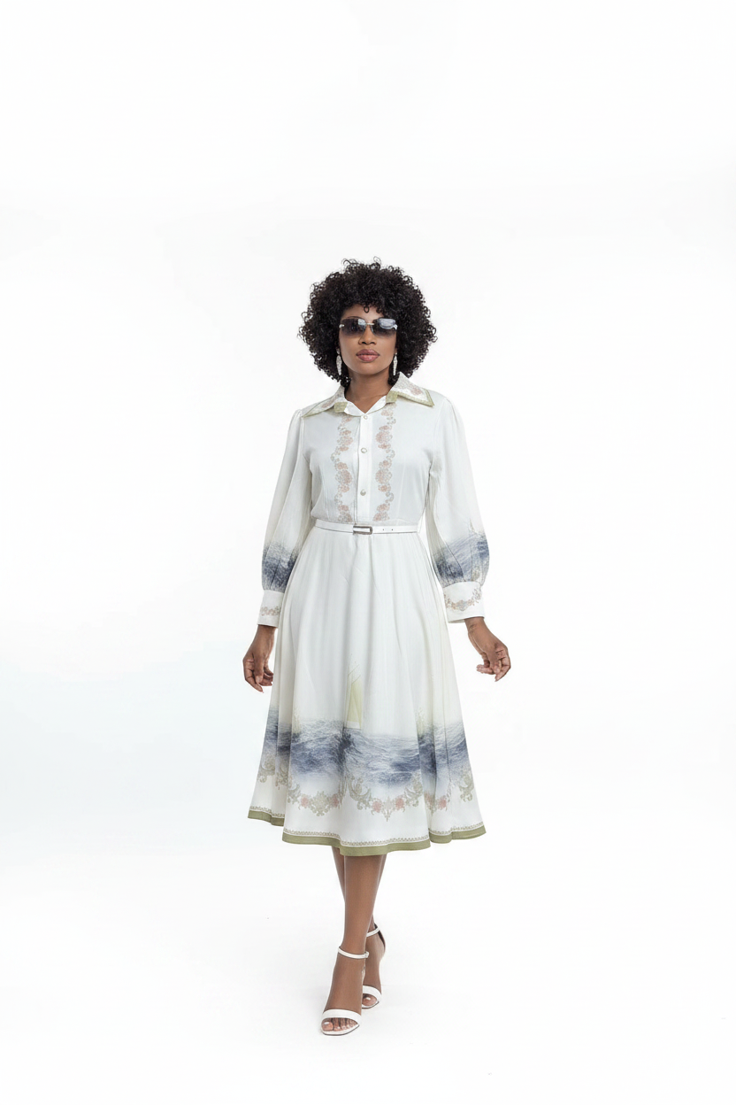Robe ivoire imprimé bleu - mannequin fond blanc