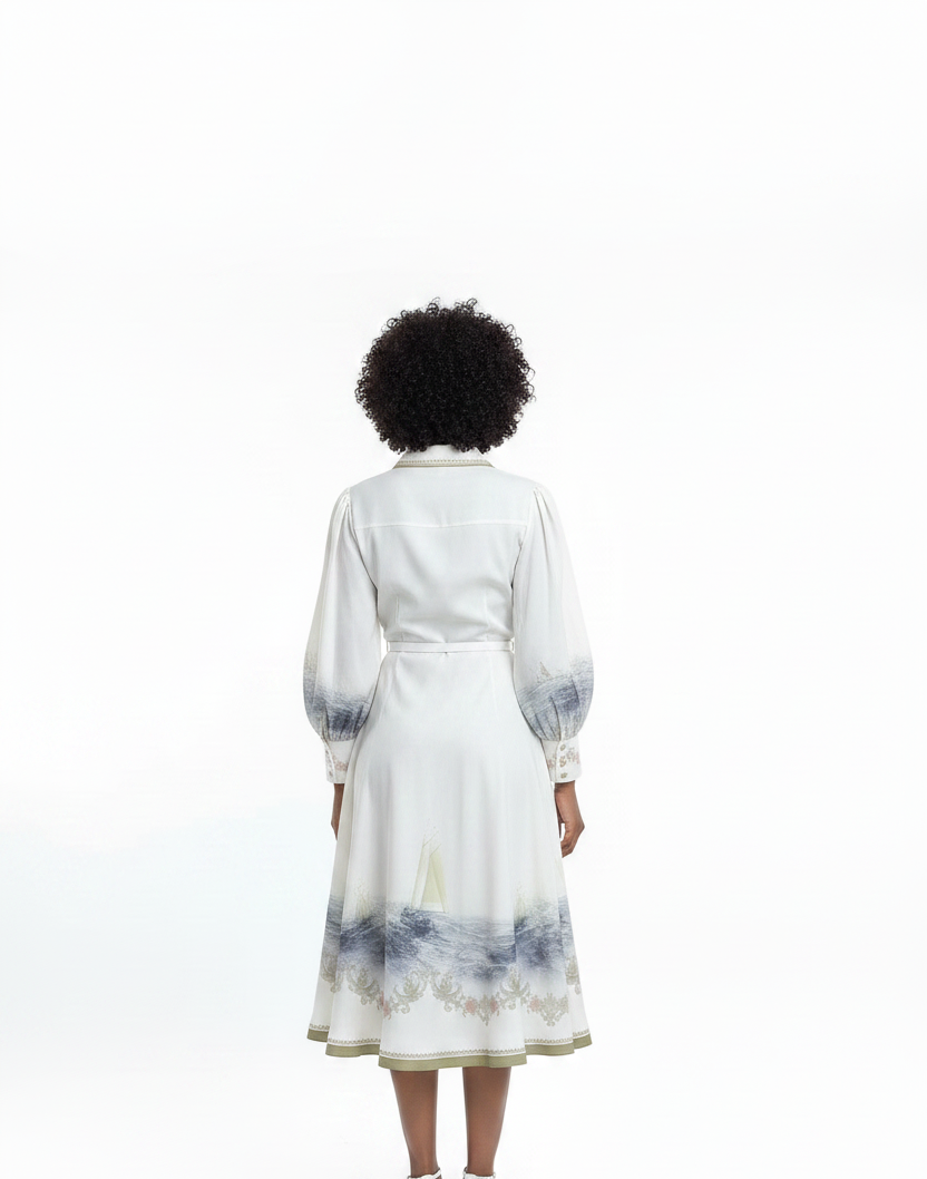 Robe ivoire imprimé bleu - vue de dos fond blanc