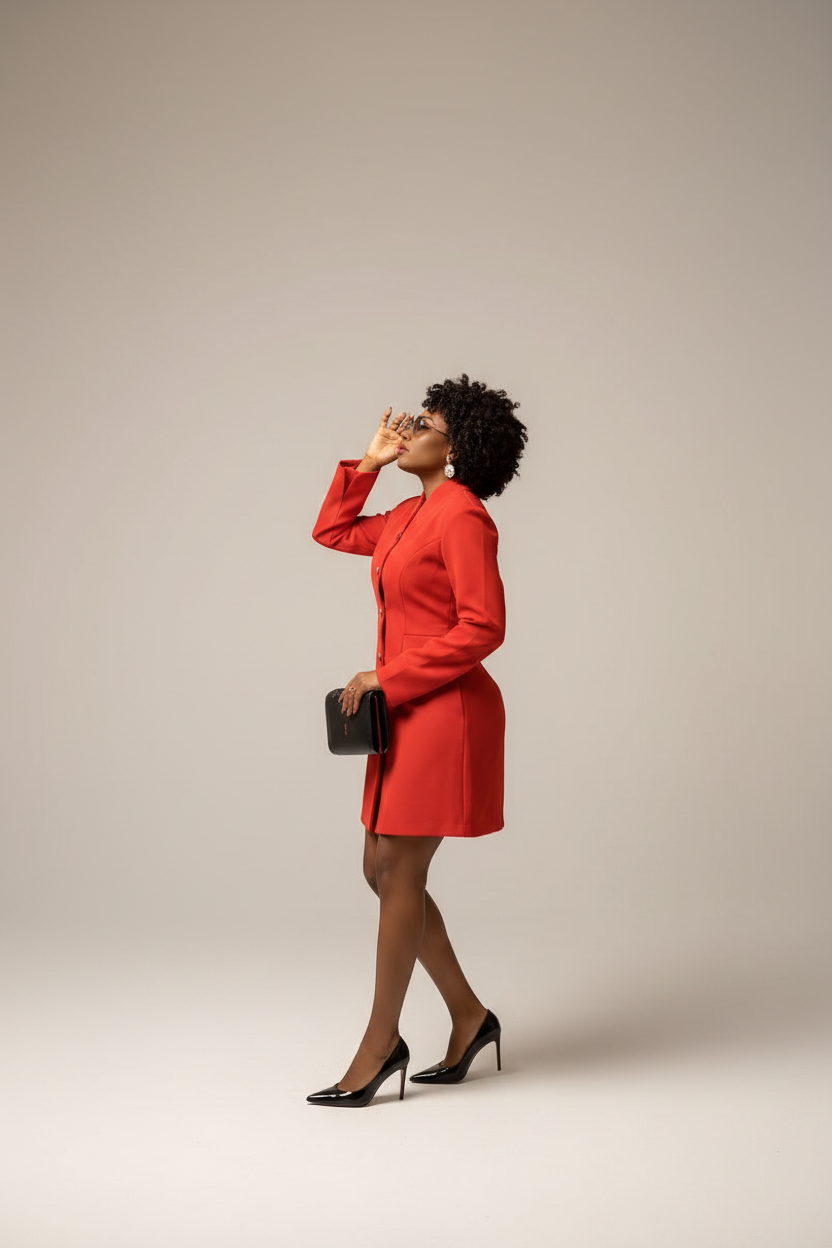 Robe rouge - pose sac + talons - fond gris